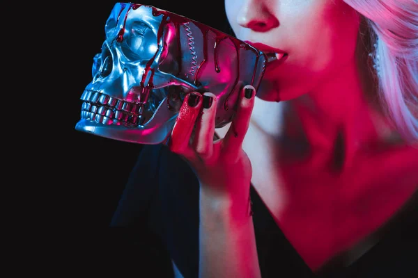 Cropped View Vampire Drinking Blood Metal Skull Isolated Black — Stock Photo, Image