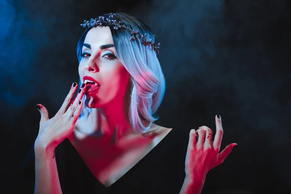 Vampire Woman Licking Blood Fingers Dark Background Smoke — Stock Photo, Image