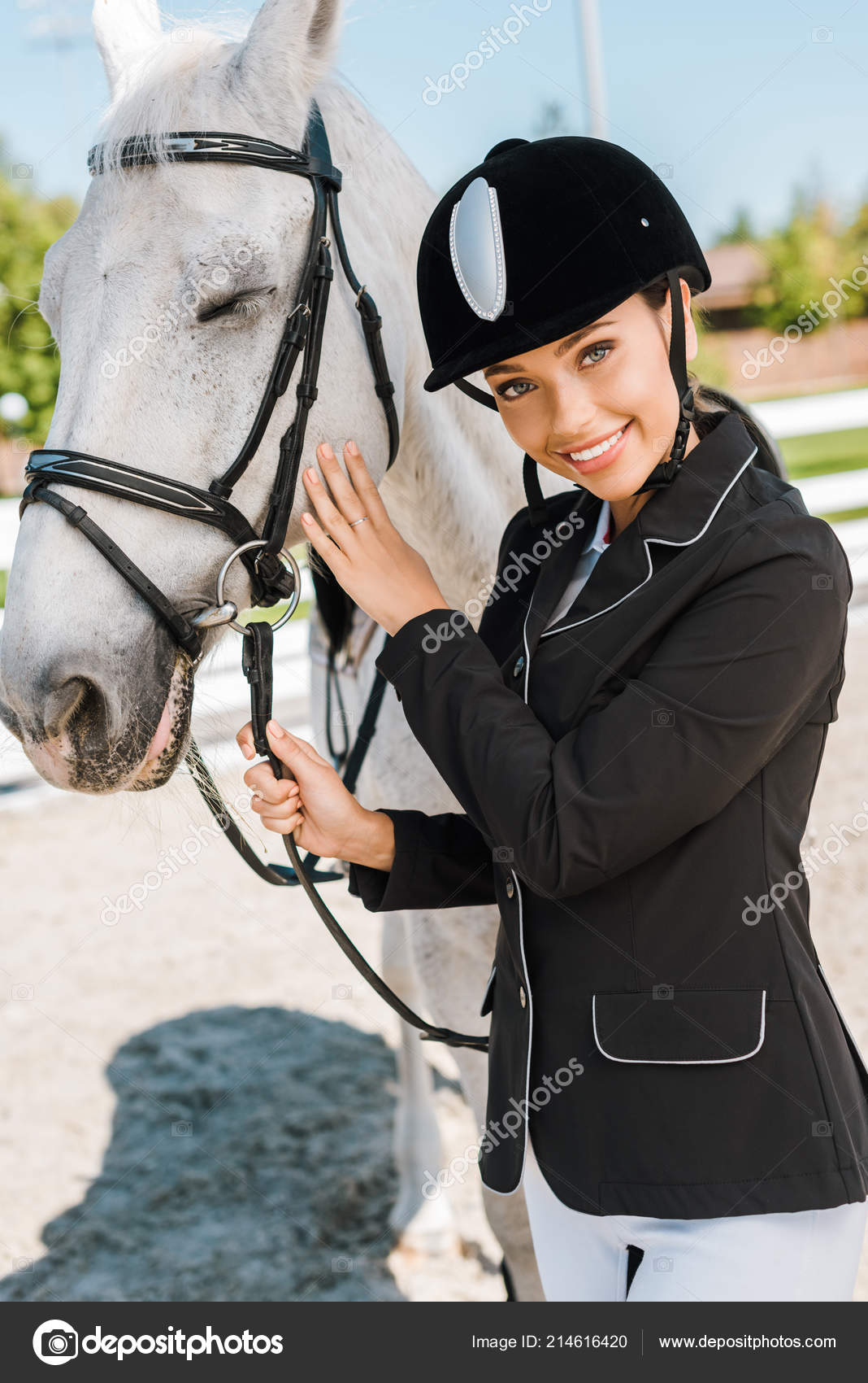 Attractive Female Equestrian Riding Helmet Looking Camera White Horse Horse Stock Photo C Vitalikradko 214616420