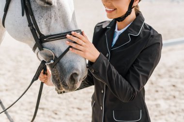 cropped image of smiling female equestrian palming horse at horse club clipart