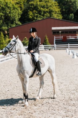 beautiful female equestrian riding horse at horse club clipart