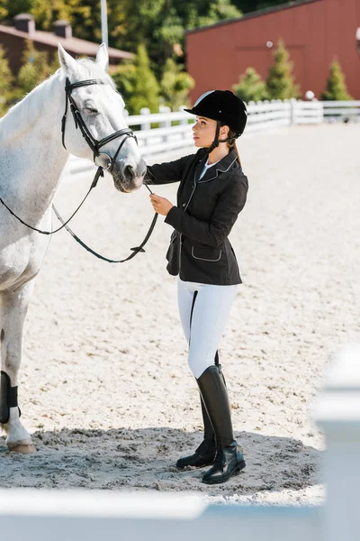 美しい女性馬術固定白い馬のホールター馬クラブでの側面図 — ストック写真