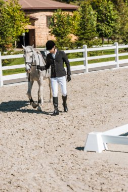 yakışıklı erkek Equestrian sınıftan at at kulübünde yakınındaki yürüyüş profesyonel giyim