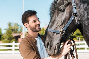 smiling handsome cowboy fixing horse halter at horse club clipart