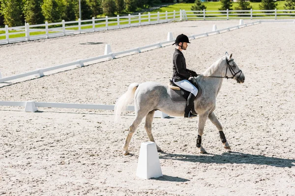 牧場でハンサムな男性の乗馬ライディング白い馬の側面図 — ストック写真