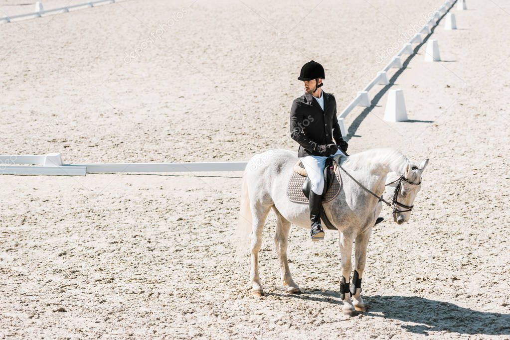 side view of handsome male equestrian sitting on horseback at horse club