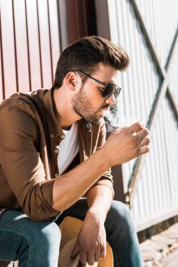 oturma ve sigara çiftliği nde güneş gözlüğü yakışıklı kovboy yan görünüm