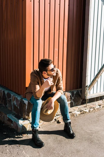 Handsome Cowboy Sunglasses Sitting Smoking Cigarette Ranch — Stock Photo, Image