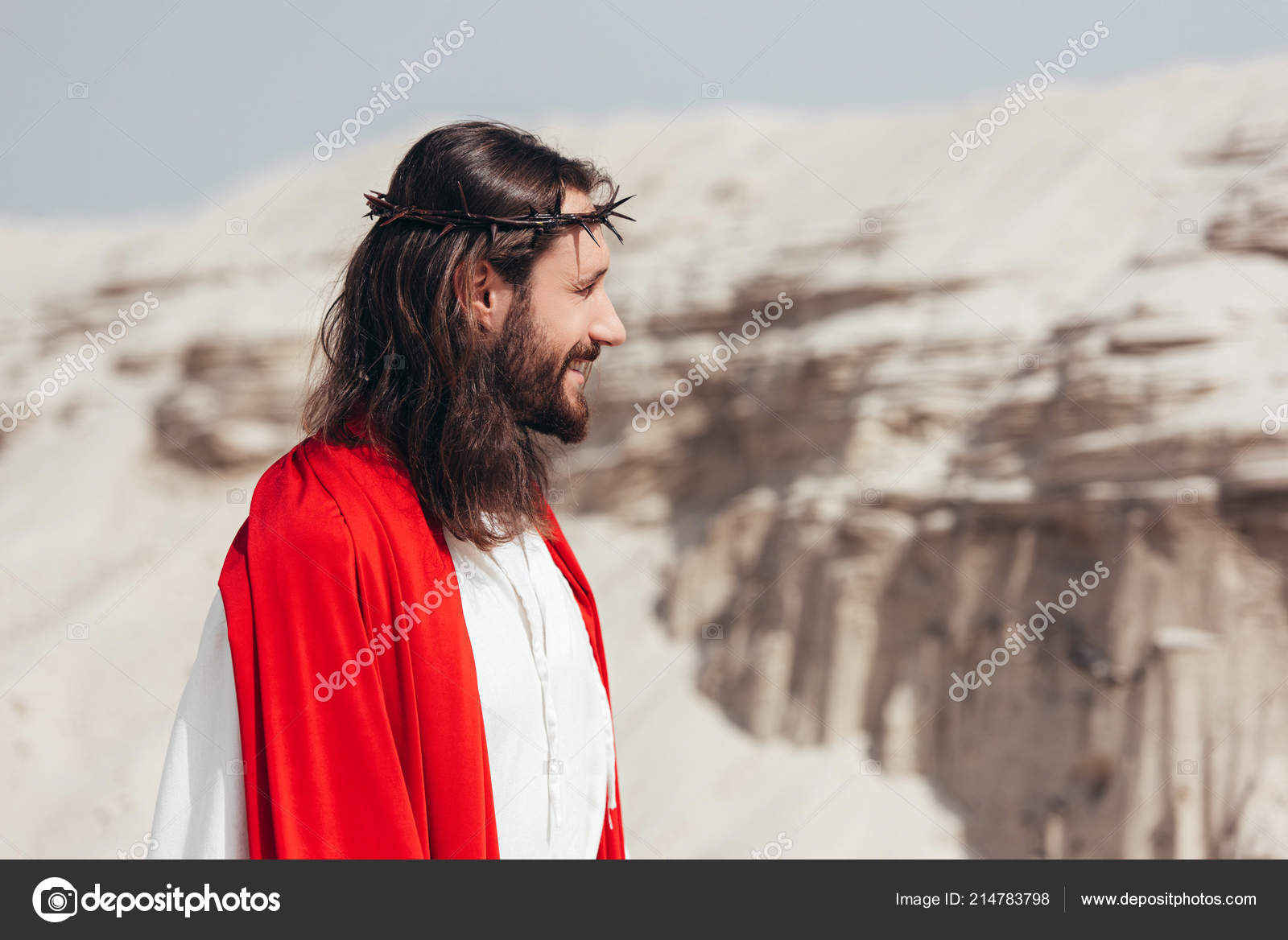 Side View Smiling Jesus Robe Red Sash Crown Thorns Looking Stock ...