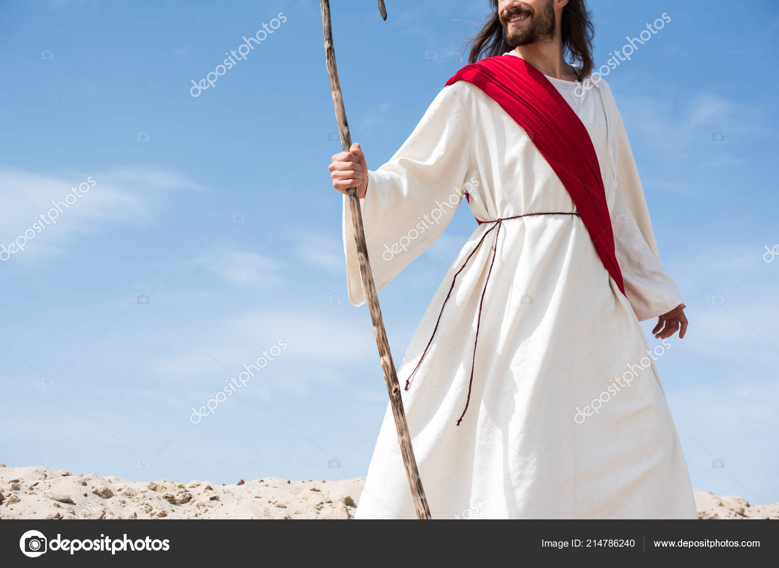 Cropped Image Smiling Jesus Robe Red Sash Standing Wooden Staff ...