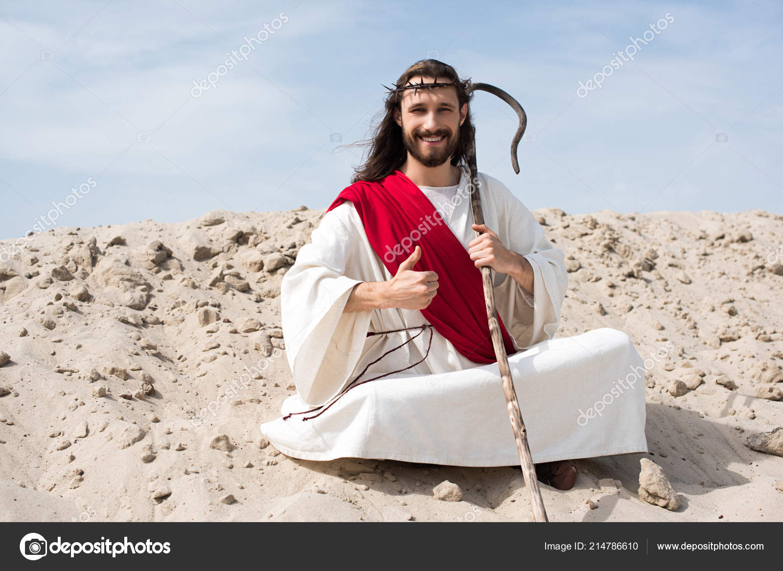 Smiling Jesus Sitting Lotus Position Sand Holding Staff Showing ...