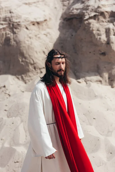 Bonito Jesus Roupão Faixa Vermelha Coroa Espinhos Andando Com Olhos — Fotografia de Stock