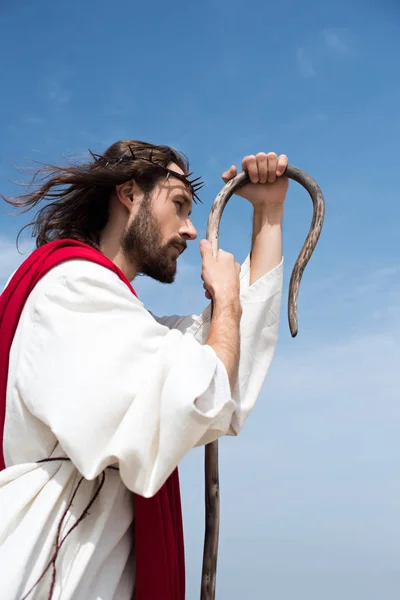 Side View Jesus Robe Crown Thorns Leaning Wooden Staff Blue — Stock Photo, Image