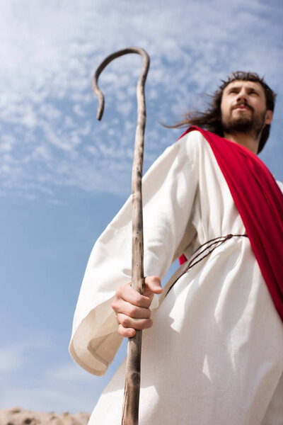 высокий угол обзора Иисуса в мантии, красной ленте и терновом венце, стоящих в пустыне с деревянным посохом
