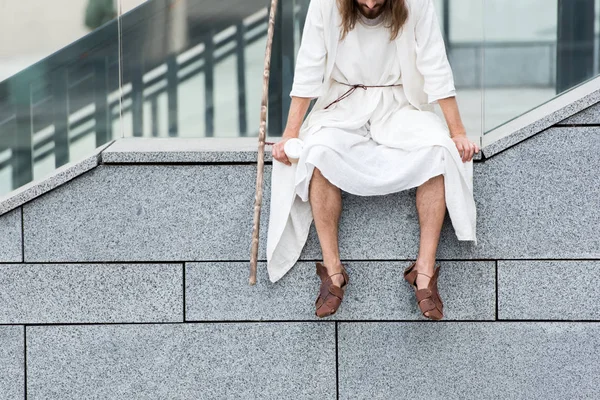 Cropped Image Jesus Robe Crown Thorns Sitting Staircase Side Holding — Free Stock Photo