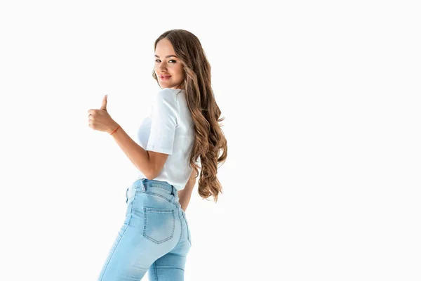 Cheerful Brunette Girl Showing Thumb Isolated White — Stock Photo, Image