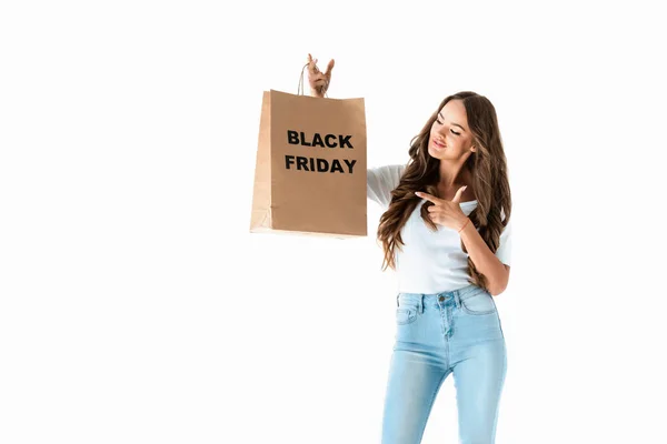 Hermosa Chica Apuntando Bolsa Compras Con Signo Viernes Negro Aislado — Foto de Stock