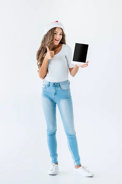 Beautiful Girl Holding Tablet Blank Screen Showing Thumb Isolated White — Stock Photo, Image