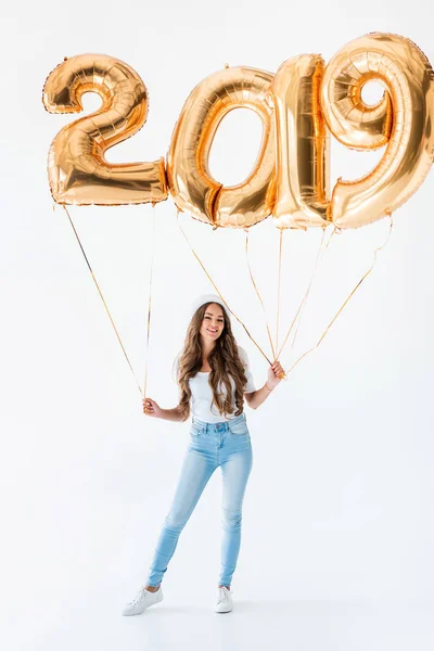 Beautiful Girl Santa Hat Holding 2019 New Year Golden Balloons — Stock Photo, Image