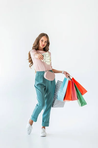 Brunette Girl Holding Dollar Banknotes Shopping Bags Isolated White — Stock Photo, Image