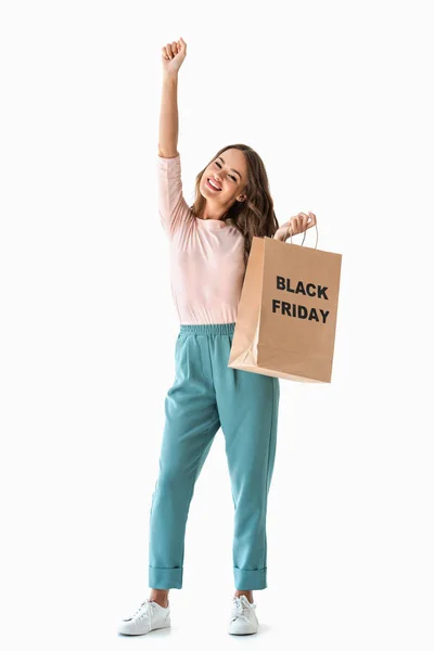 Excited Girl Holding Shopping Bag Black Friday Sign Isolated White — Stock Photo, Image