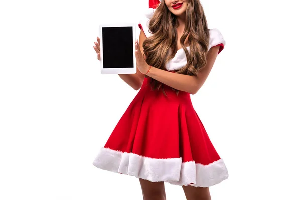 Περικοπεί Προβολή Κοριτσιού Στο Santa Κοστούμι Προβολή Ψηφιακή Συσκευή Την — Δωρεάν Φωτογραφία