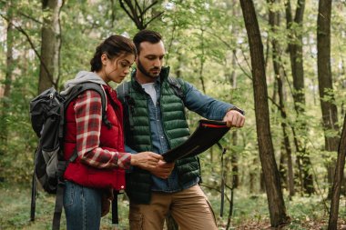 Erkek ve kadın ormanda birlikte hiking sırasında hedef harita üzerinde arıyorsunuz