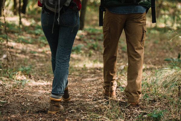 partial view of couple of travelers hiking in forest