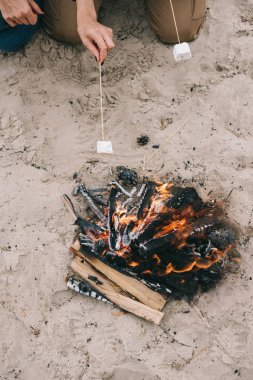 Kavurma marshmallow kumlu plajda kamp ateşi üzerinde çift doz kırpılmış