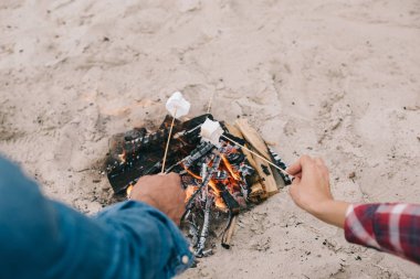 cropped shot of couple roasting marshmallow on campfire on sandy beach clipart