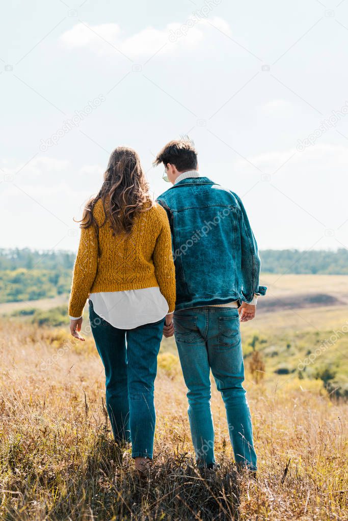 back view of couple of tourists walking on rural meadow