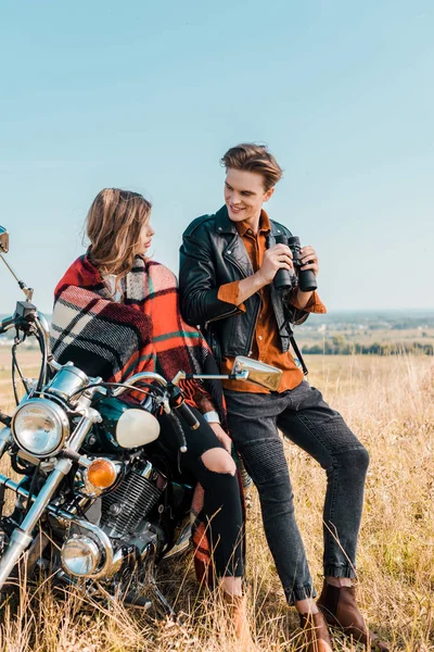 Handsome Boyfriend Holding Binoculars Looking Girlfriend Sitting Motorbike — Stock Photo, Image