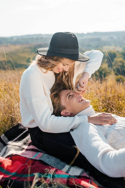 Young Girlfriend Touching Nose Boyfriend Meadow — Stock Photo, Image