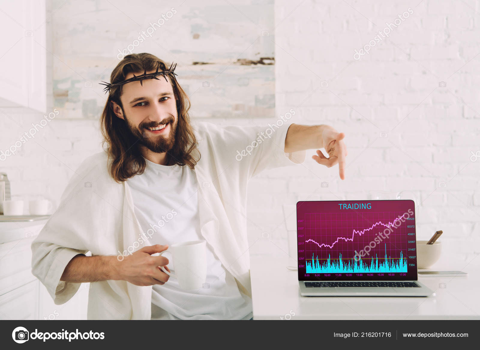 Smiling Jesus Holding Cup Coffee Pointing Laptop Trading Screen ...
