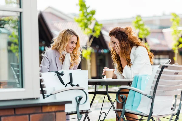 Happy Young Women Sitting Cafe Together Shopping — Stock Photo, Image