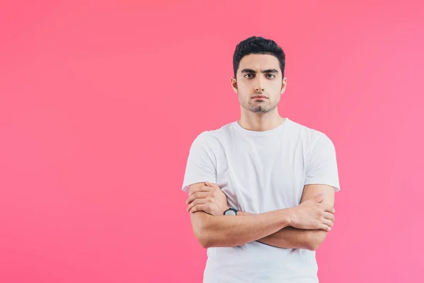 Serious Handsome Man Standing Crossed Arms Looking Camera Isolated Pink — Stock Photo, Image