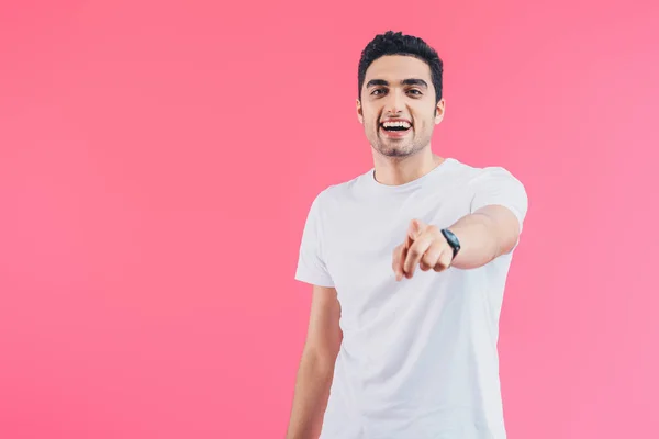 Laughing Man Pointing Camera Isolated Pink — Stock Photo, Image