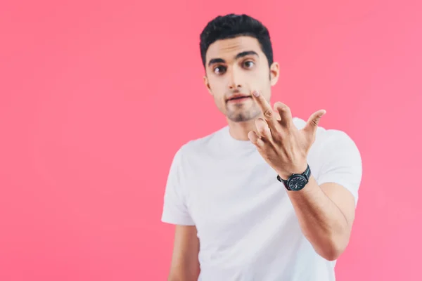 Selective Focus Irritated Man Showing Middle Finger Isolated Pink — Free Stock Photo