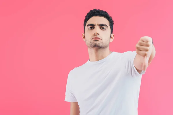 Serious Handsome Man Showing Thumb Isolated Pink — Stock Photo, Image