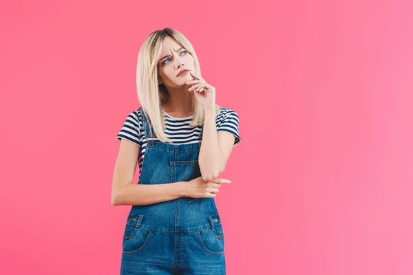 Pensive Irritated Girl Denim Overall Looking Isolated Pink — Stock Photo, Image