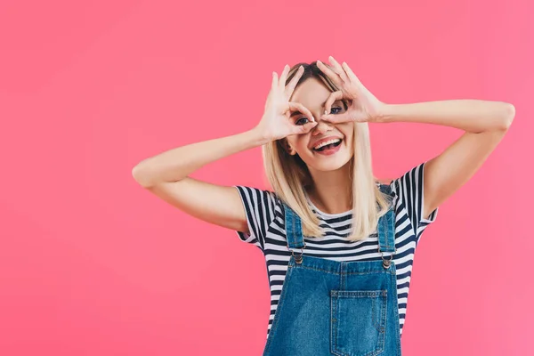 Cheerful Beautiful Girl Denim Overall Showing Glasses Gesture Isolated Pink — Stock Photo, Image