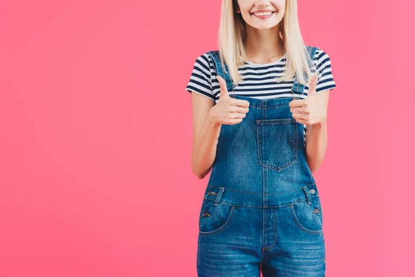 Cropped Image Smiling Girl Denim Overall Showing Thumbs Isolated Pink — Free Stock Photo