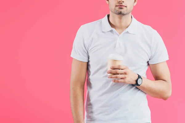 Cropped Image Man Holding Disposable Coffee Cup Isolated Pink — Stock Photo, Image