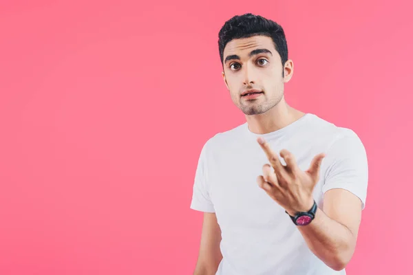 Irritated Man Showing Middle Finger Isolated Pink — Stock Photo, Image