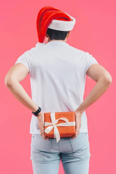 Back View Man Santa Hat Holding Gift Box Back Isolated — Stock Photo, Image