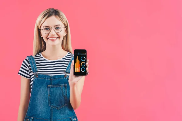 Retrato Mujer Sonriente Anteojos Mostrando Smartphone Aislado Rosa — Foto de stock gratis