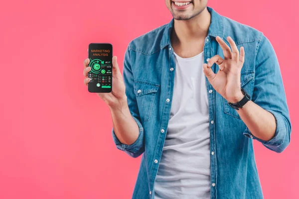 Częściowy Widok Młody Człowiek Robi Znak Pokazywanie Smartfona Analizy Różowym — Zdjęcie stockowe