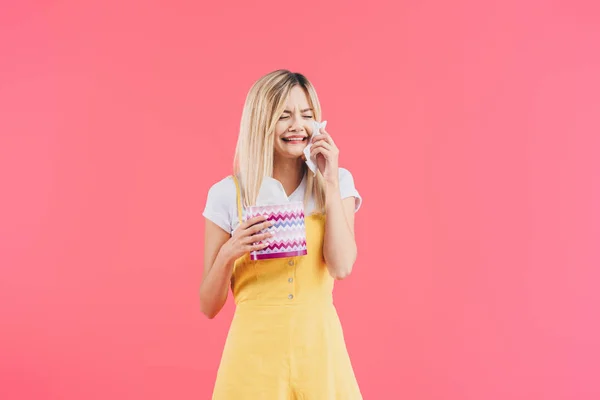 Emotional Young Woman Tissue Box Crying Wiping Tears Isolated Pink — Stock Photo, Image