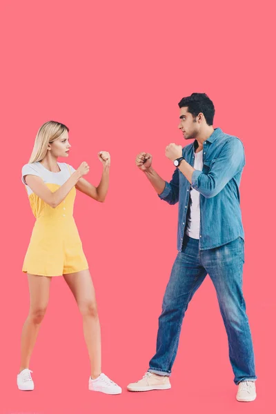 Side View Young Couple Standing Fight Position Looking Each Other — Stock Photo, Image