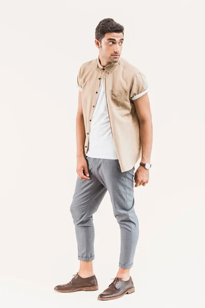 Fashionable Young Man Shirt Posing Isolated Beige — Stock Photo, Image